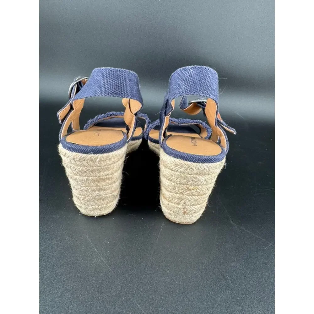 Lucky Brand Mindra Espadrille Wedge Sandals 7.5M Indigo Blue Canvas Frayed